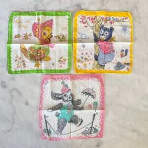 Vintage 50s 60s Duck, Bear and Dog Animal Hankies / Set of Three
